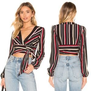 Superdown Black Red Stripe Vanessa Tie Front Long Sleeve Cropped Top